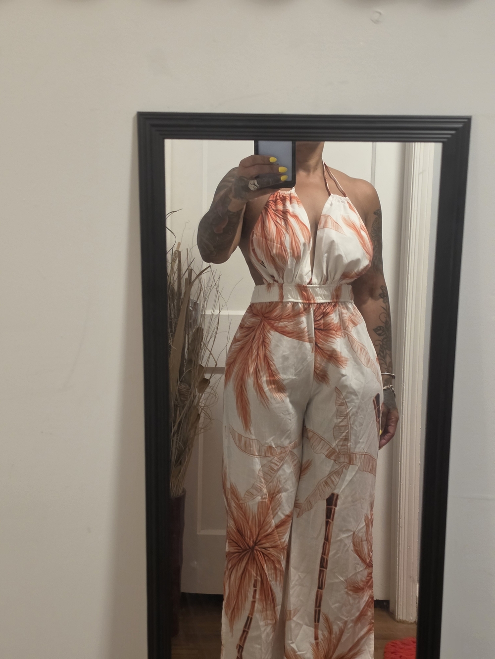Sleeveless Halter Palm-Print Jumpsuit in White and Orange